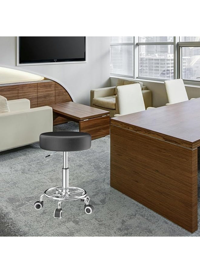 Height-Adjustable Rolling Stool with Footrest, Swivel Work Stool with Wheels and PU Leather Seat - Image 5